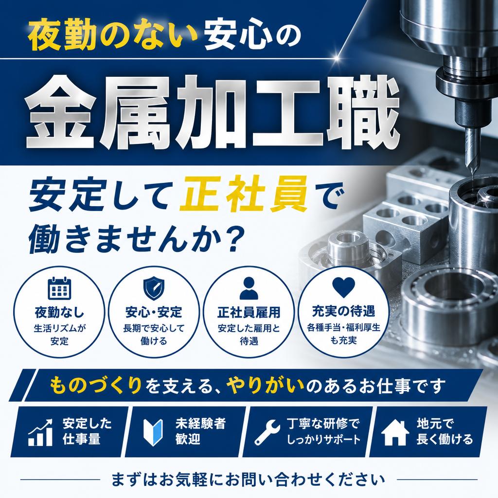 夜勤のない安心の金属加工職、安定して正社員で働きませんか？