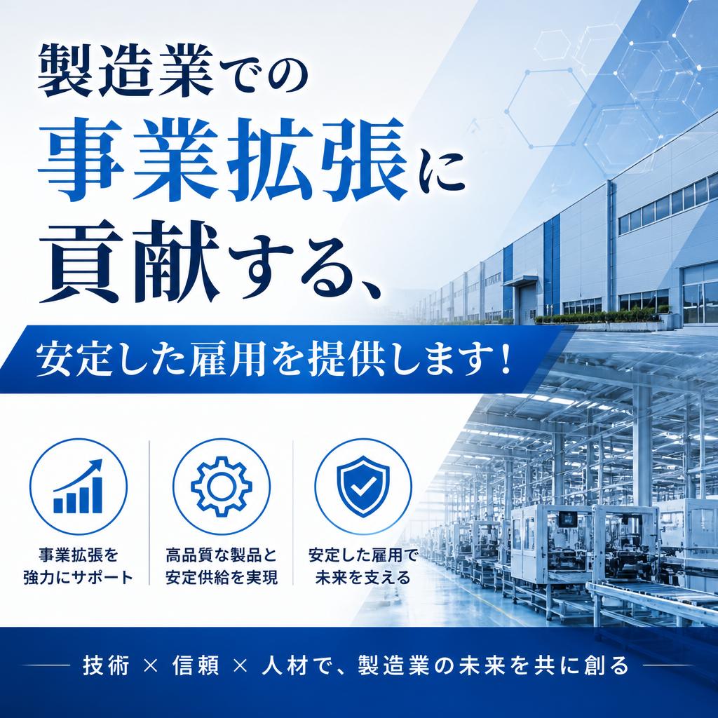 製造業での事業拡張に貢献する、安定した雇用を提供します！